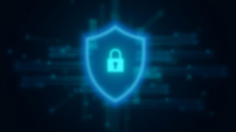 Representación de datos seguros protegidos por un escudo digital en una red no-code. Ambiente corporativo con tonos azules y verdes.